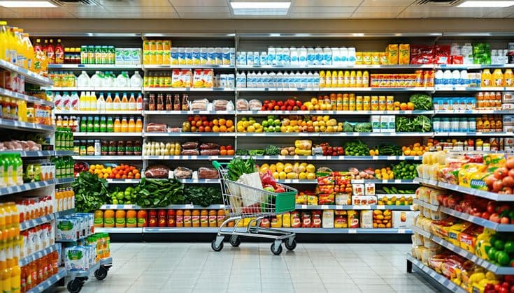 A bright supermarket aisle lined with stocked shelves